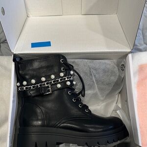 Dream Pairs Black Combat Boots with Chain and Pearl Detail